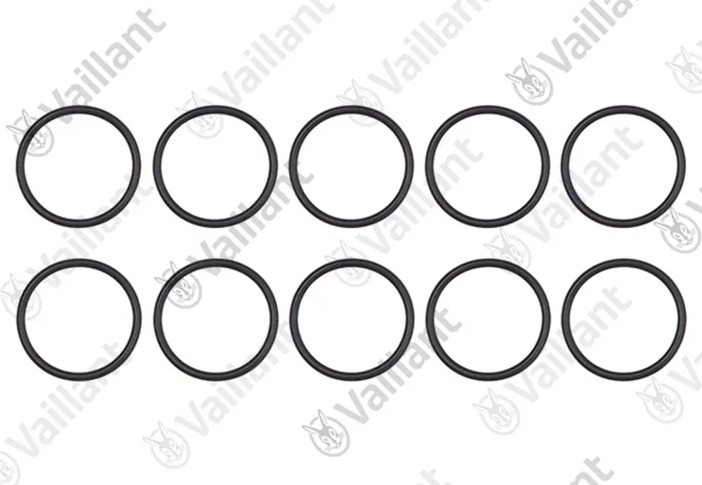 Zehn schwarze O-Ringe von Vaillant, gleichmäßig angeordnet, vor hellem Hintergrund.